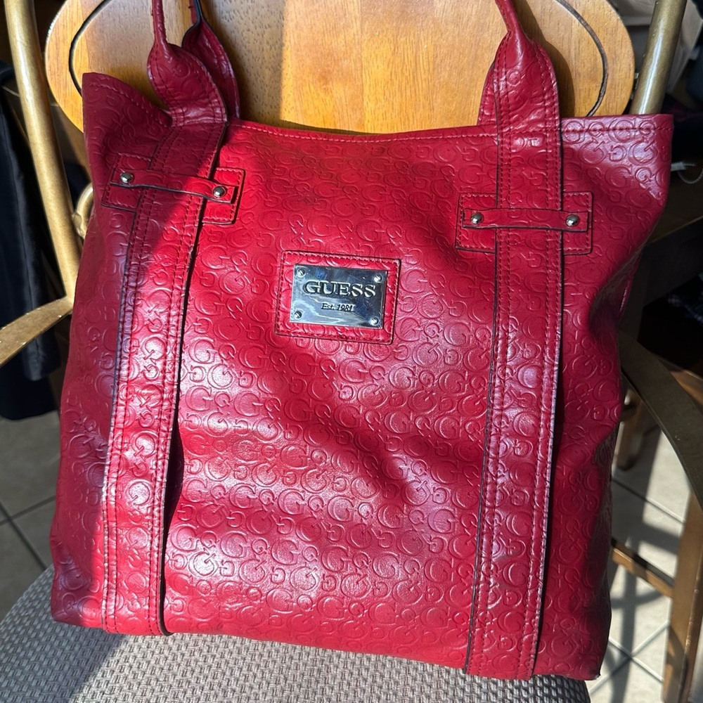Guess Red Leather Tote Bag with Glossy Finish